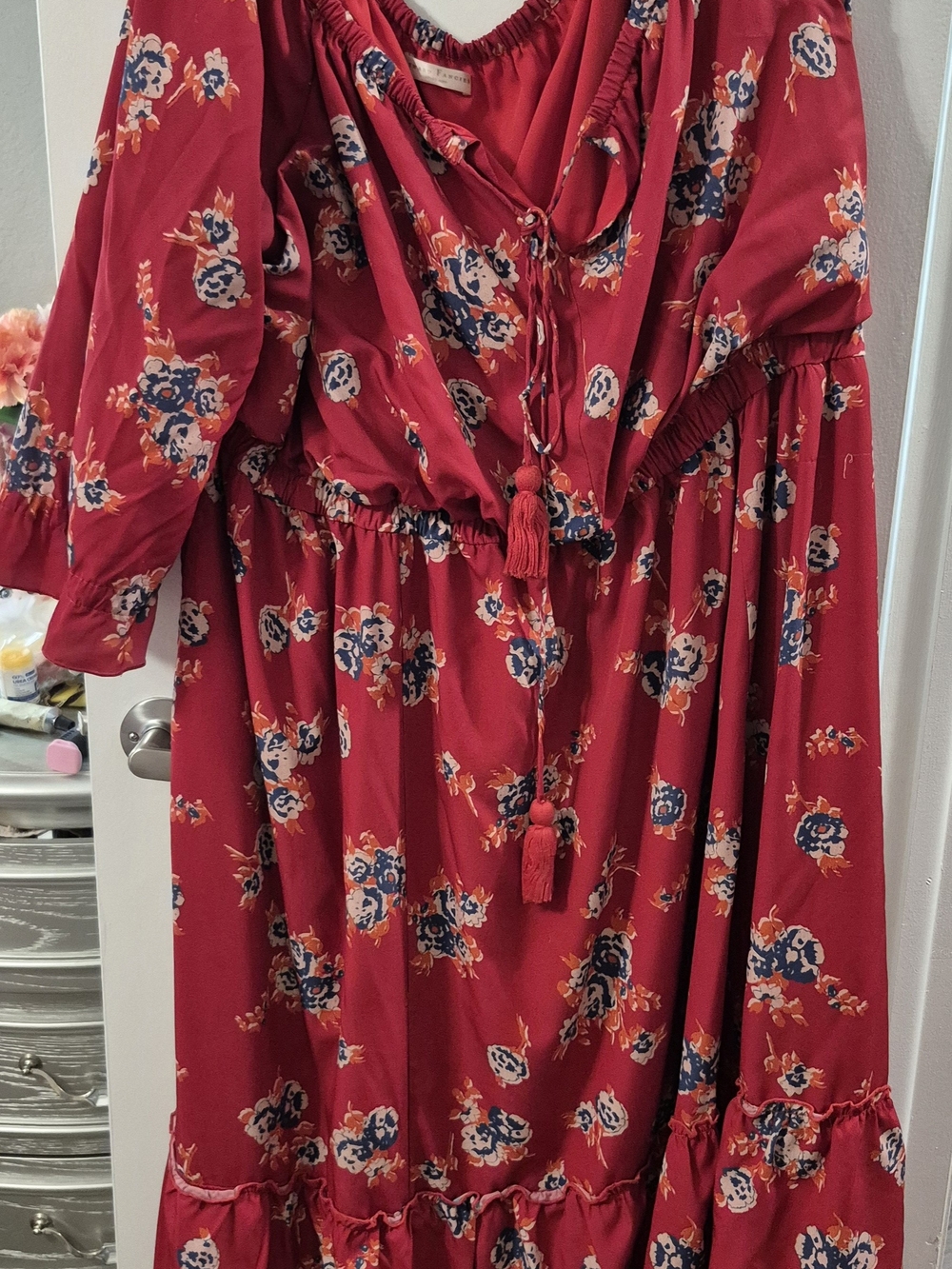 eshakti Red Floral Tassel-Front Maxi Dress